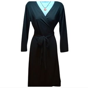 Ann Taylor Wrap Dress, Long Sleeves, Midi Knee Length, V Neck Black Travel Party